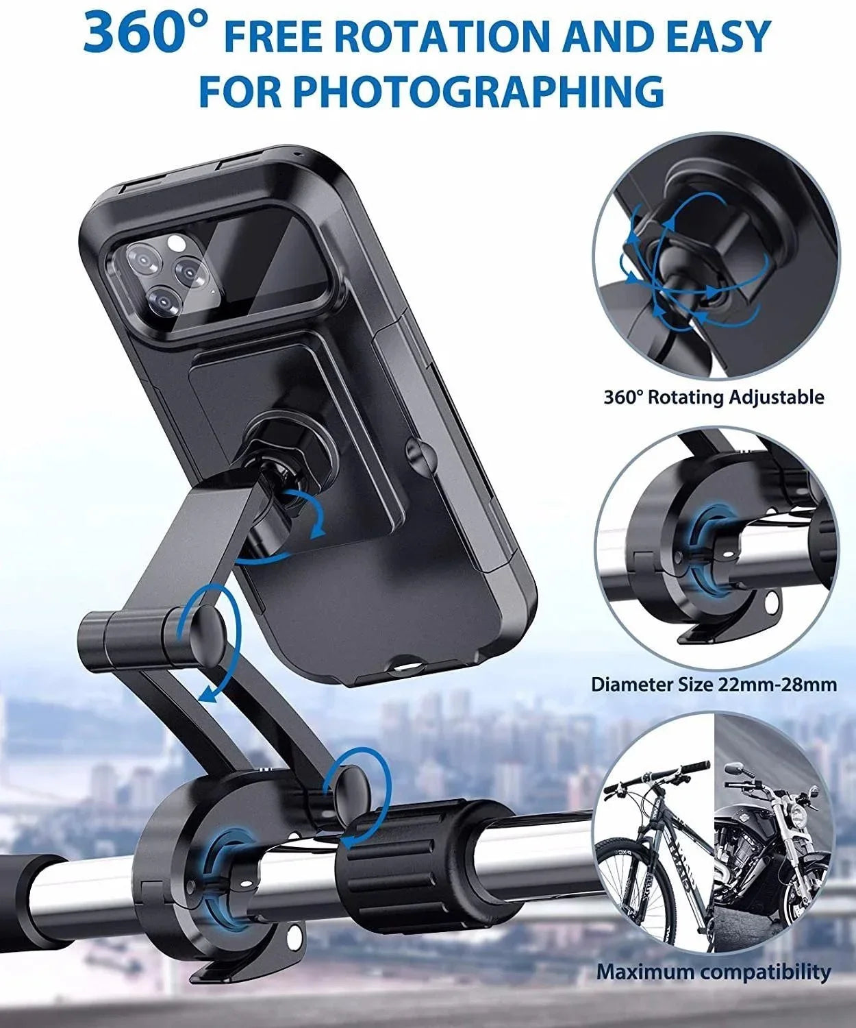 Black 360° rotatable phone holder mount with adjustable arm and clamp for handlebars