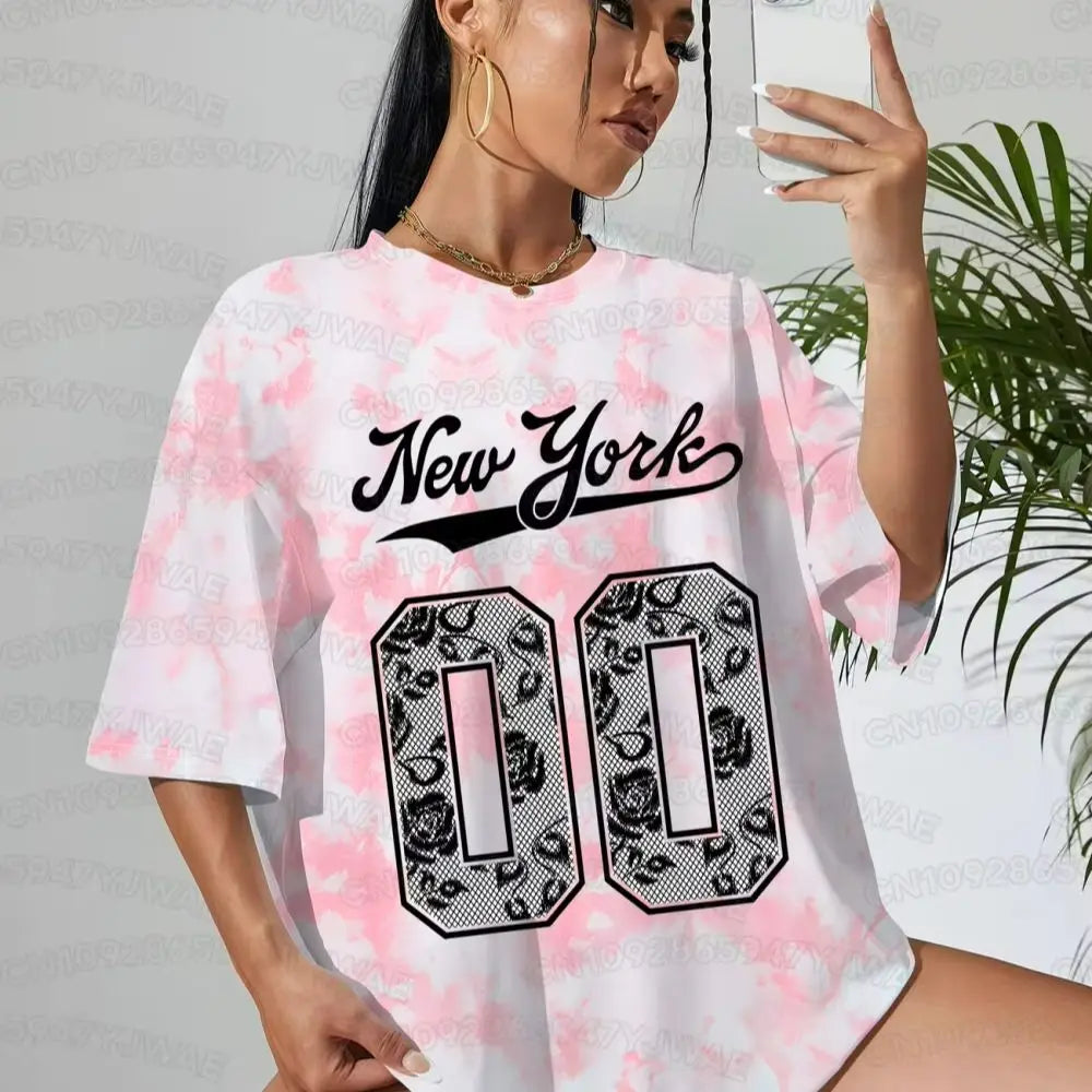 V-neck short-sleeve tie-dye T-shirt in light pink with large 'New York 10' graphic