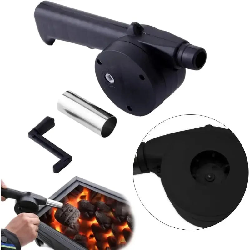 Manual BBQ air blower with parts kit, including black fan head and silver tube