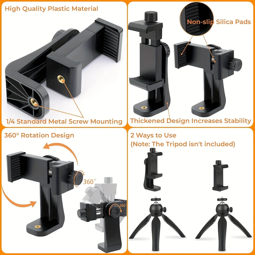 Black rotary clamp mount with 360° rotation for phone or action camera