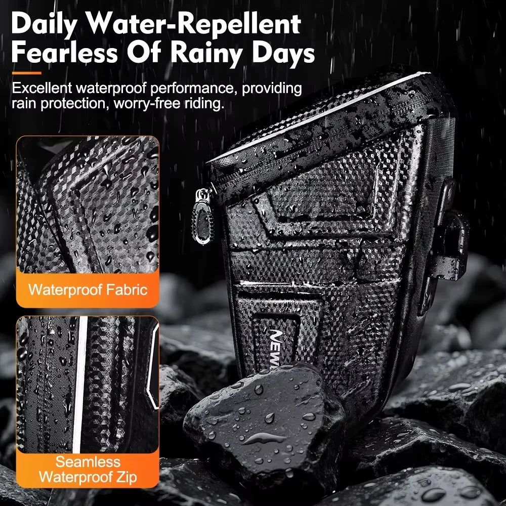 Waterproof bicycle saddle bag with water droplets on black textured reflective fabric