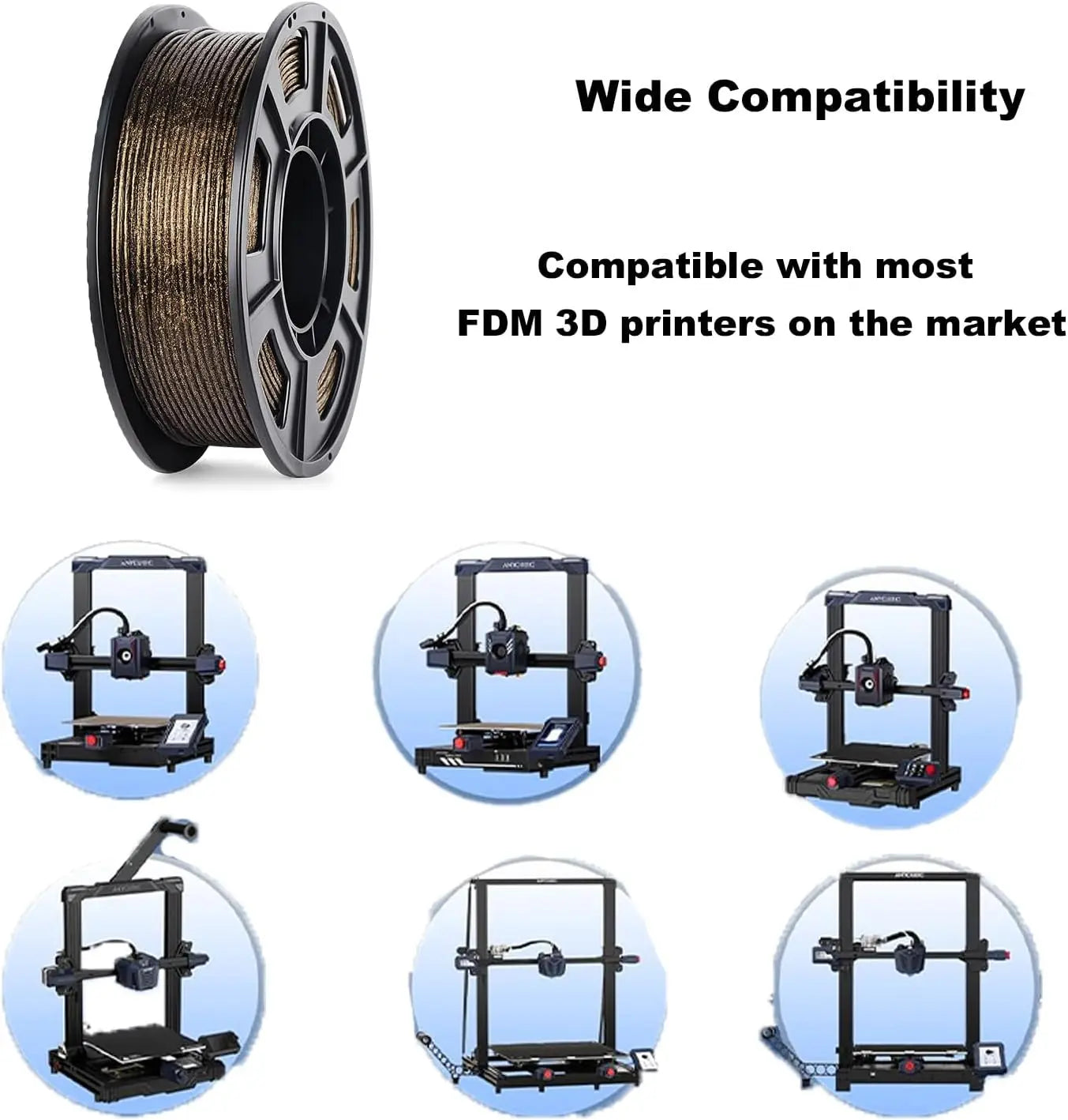 Gold glitter 3D printer filament spool on a black reel, wide FDM compatibility