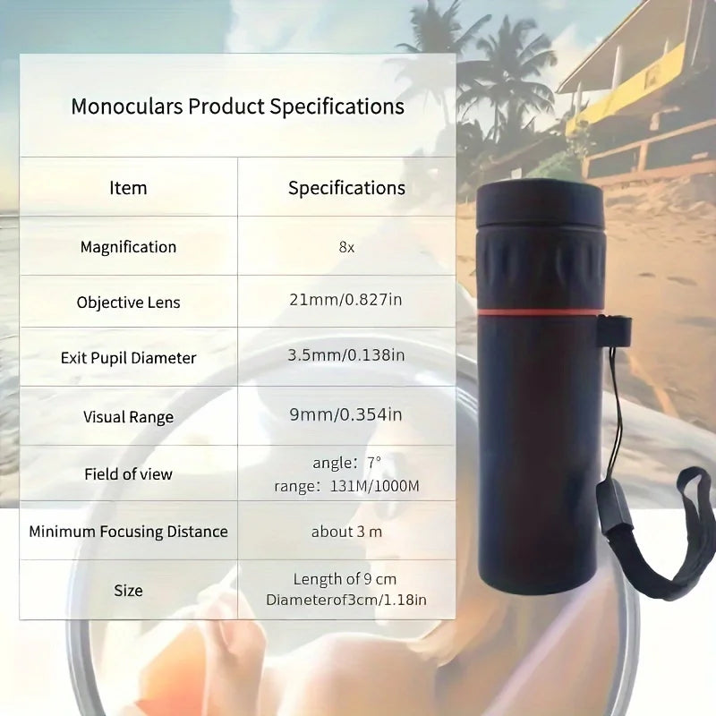 Black compact monocular telescope with neck strap, placed upright beside spec card