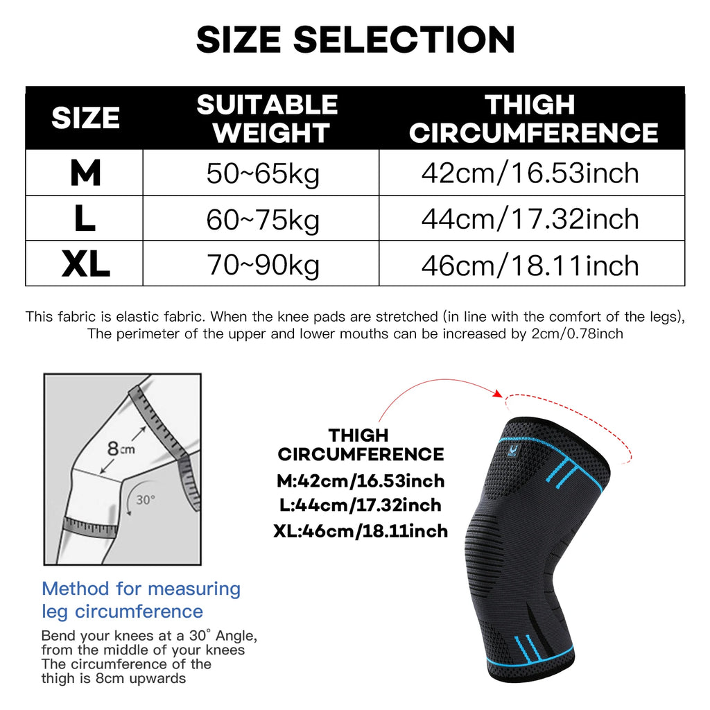 Black compression knee sleeve with blue accents, elastic fit shown