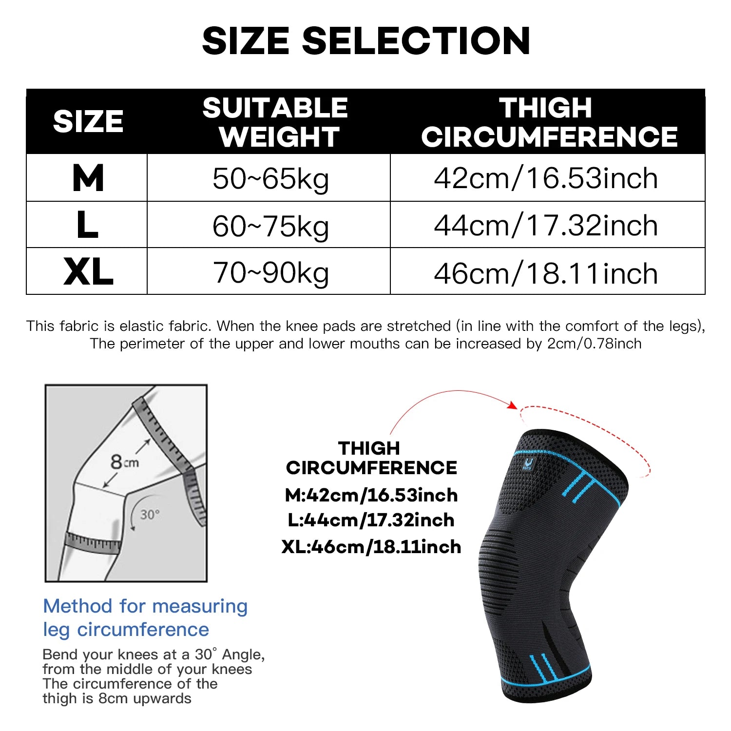 Black compression knee sleeve with blue accents, elastic fit shown