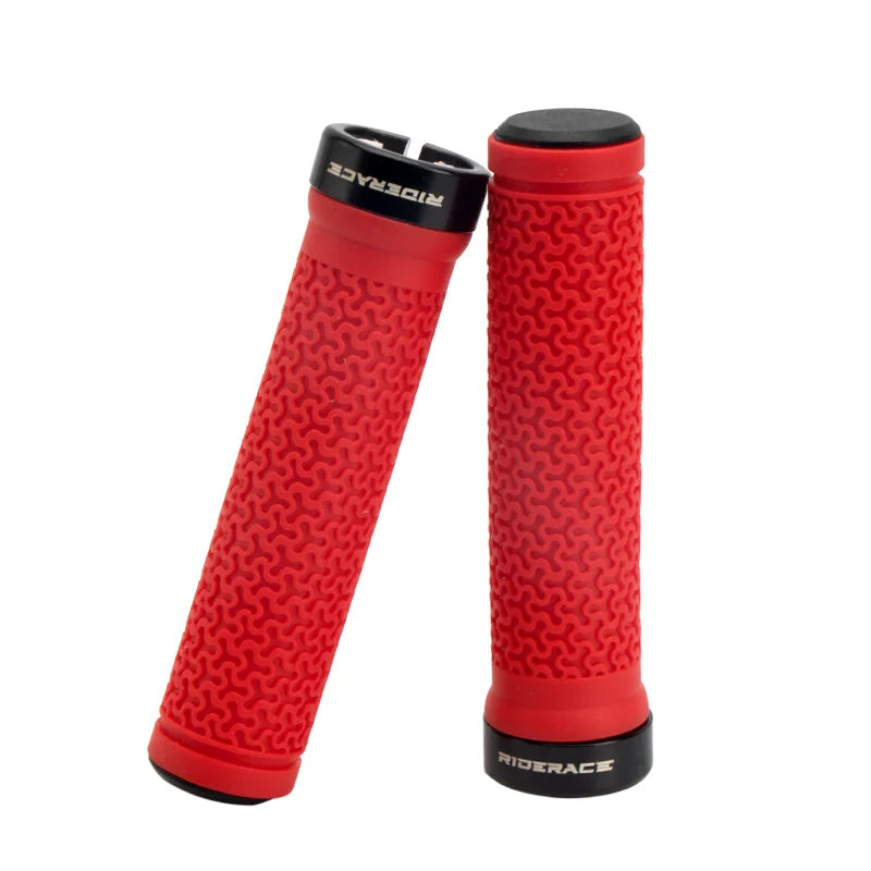 Red textured bike handlebar grips pair with black locking end caps