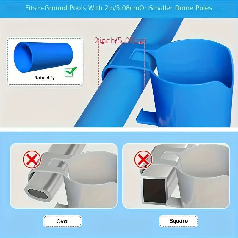 Blue plastic pool organizer holder with curved cups and ground stakes