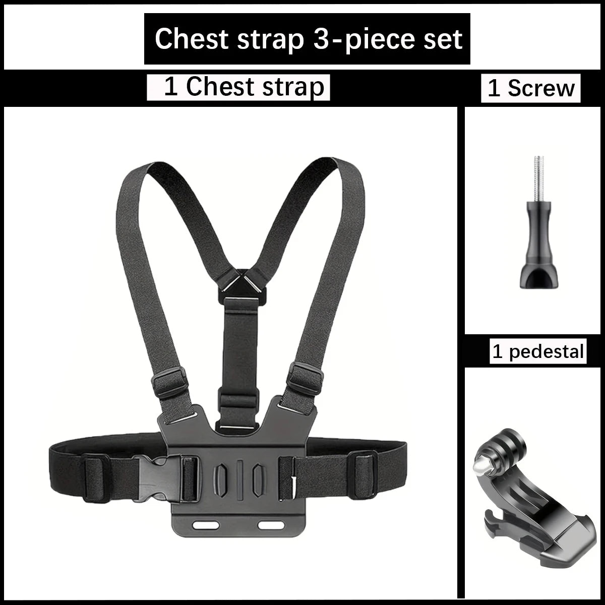 Chest strap 3-piece set with dark gray harness and camera mount components