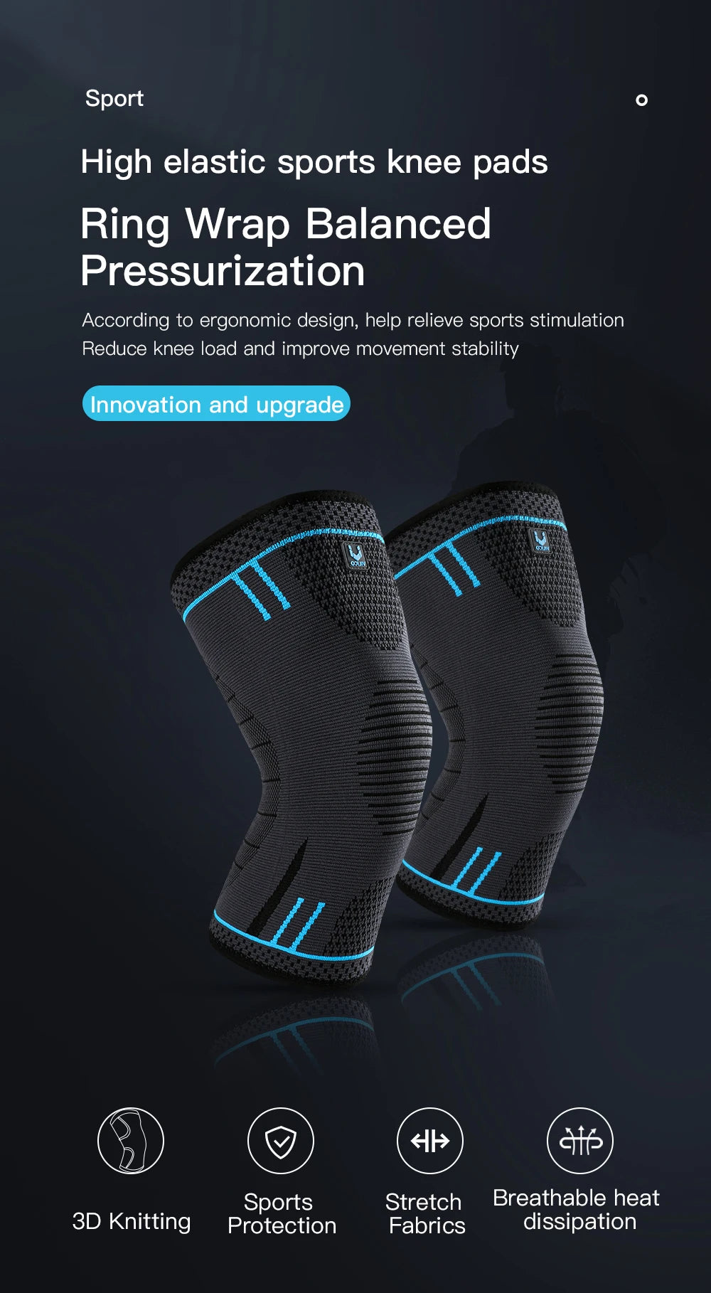 Pair of black compression knee sleeves with blue accents, 3D knit support