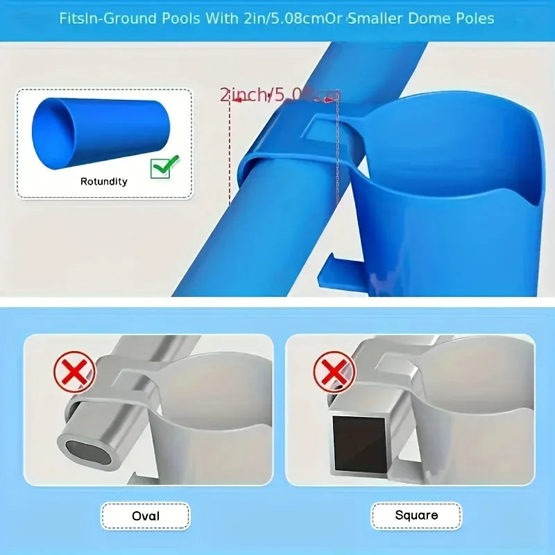 Blue plastic poolside cup holder with wide base and side carry handle