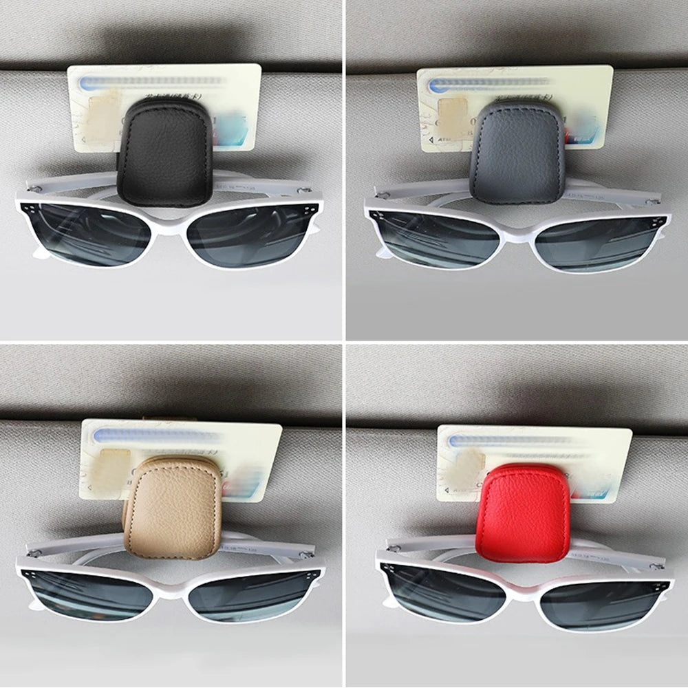 Car sunglasses clip holder set with black, gray, beige, and red cases on visor