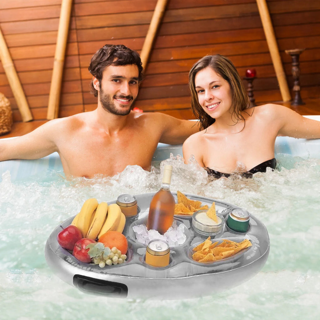 Gray inflatable pool float tray with cup holders for drinks and snacks