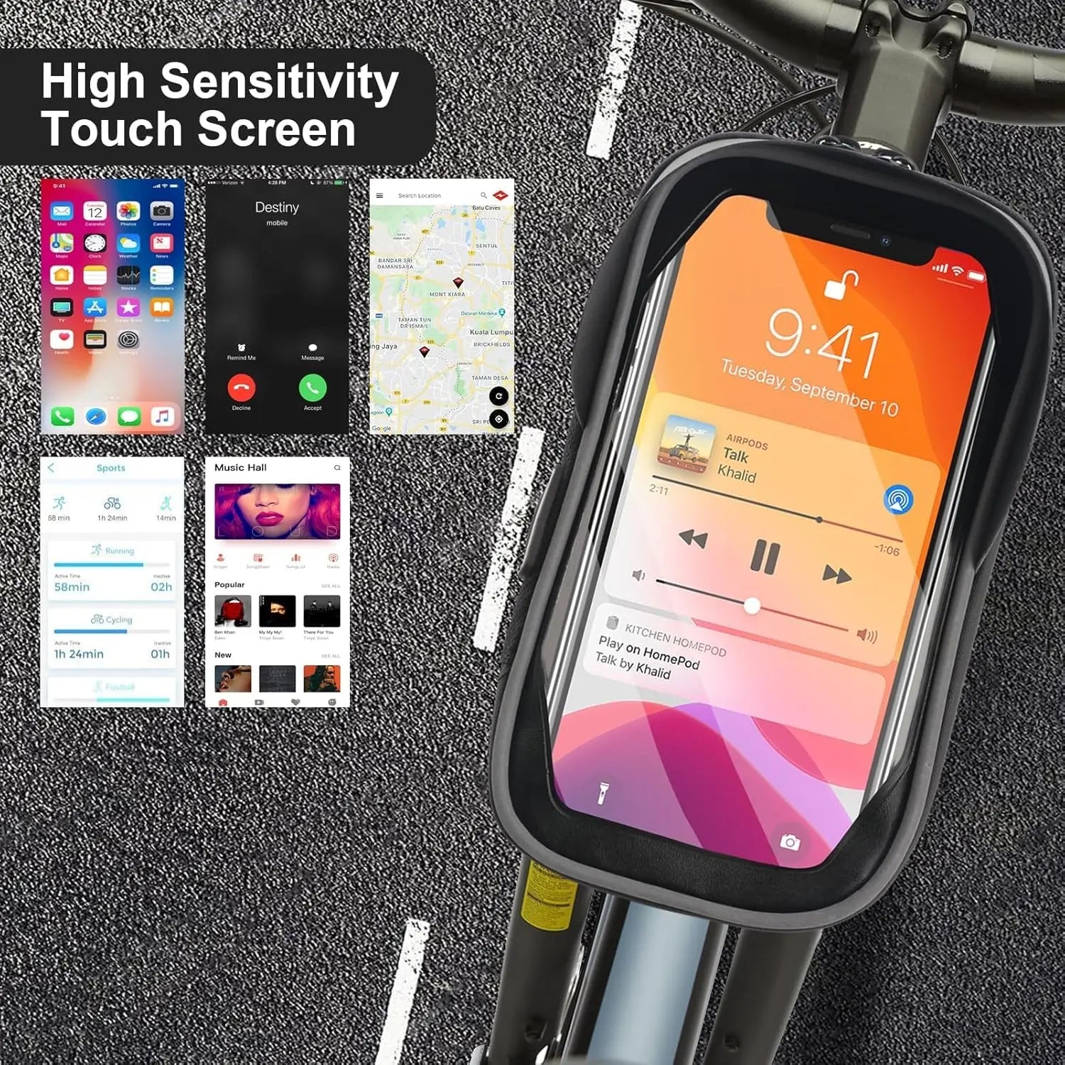 Black waterproof phone touch-screen bag on handlebars with clear window