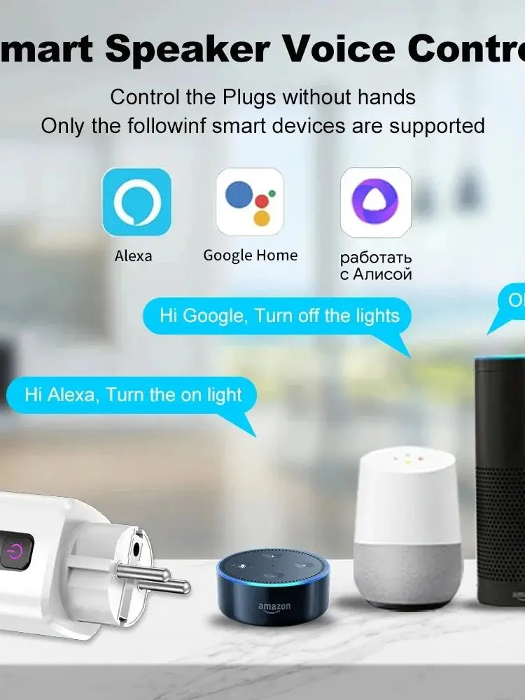 White Tuya smart WiFi plug partially shown with voice-control device icons