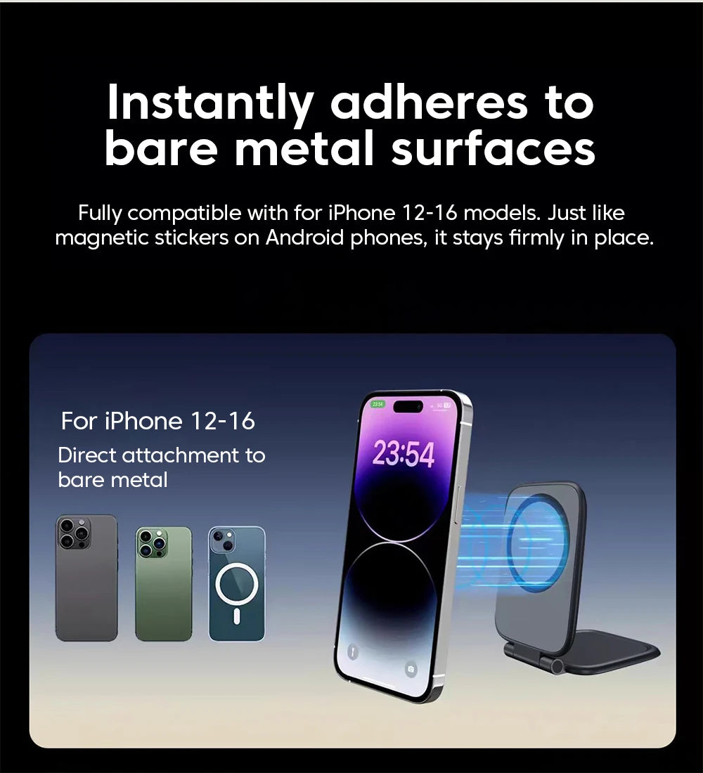 Black magnetic phone holder attaches to bare metal with stand base