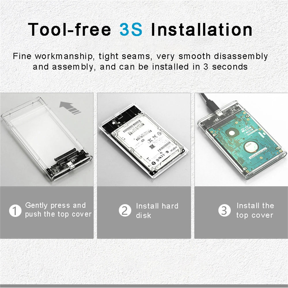2.5-inch transparent HDD enclosure case showing tool-free 3-step assembly steps