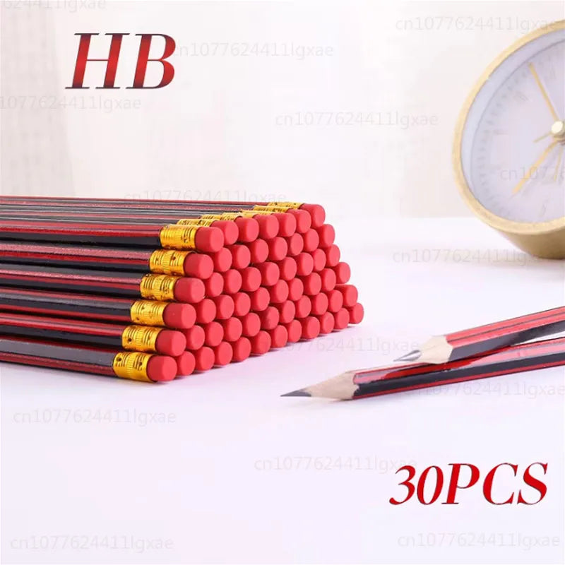 Stack of red-and-black HB wooden pencils with sharpened tip on white paper.