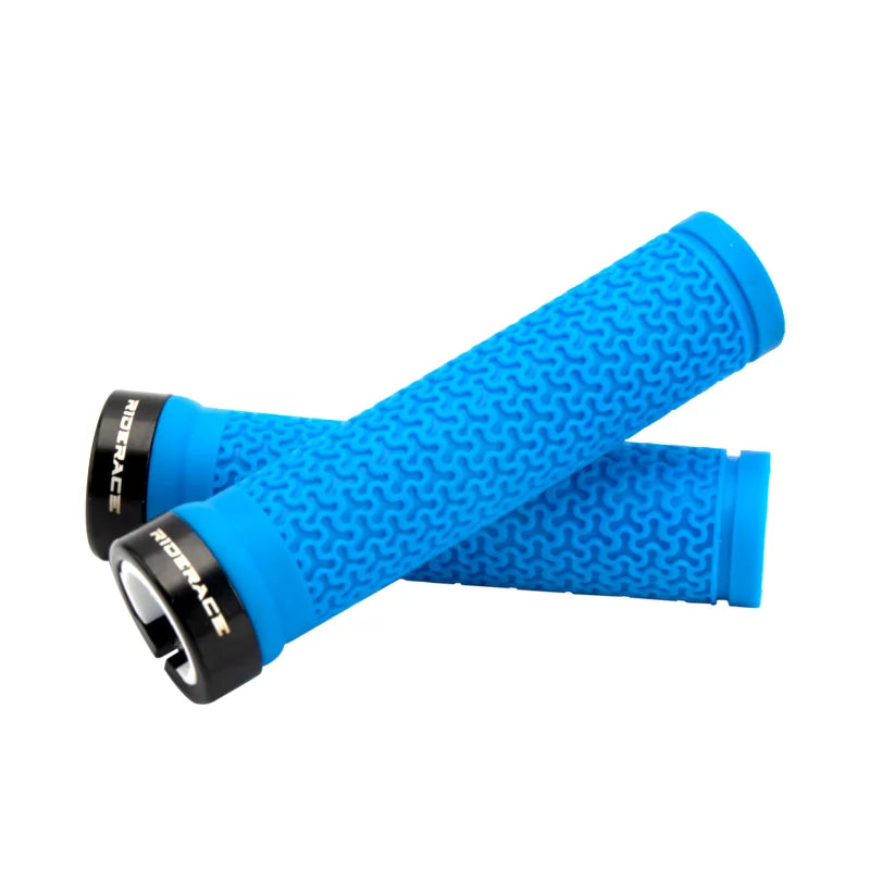 Blue textured bike handlebar grip with locking end cap and single-side plug
