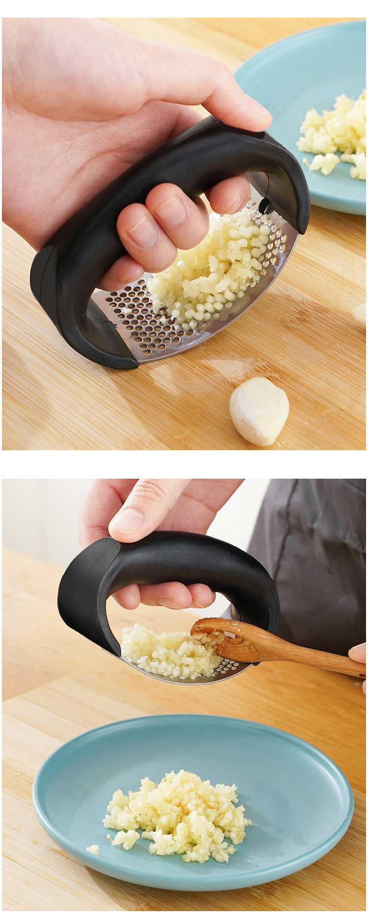 Handheld stainless steel garlic mincer crushing garlic into small pieces