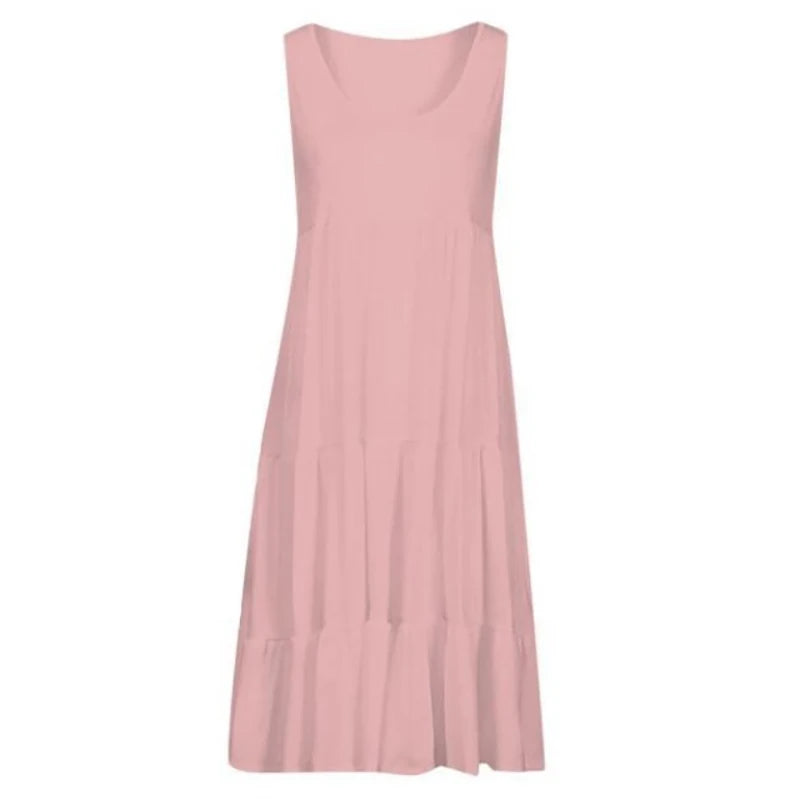 Blush pink sleeveless mini dress with scoop neck and tiered skirt