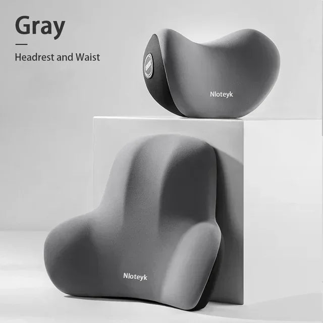 Memory foam headrest and waist support set, gray contoured pillows for back comfort