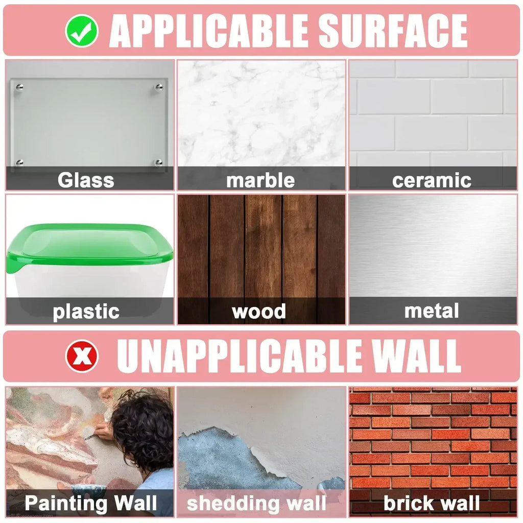 Double-sided tape surface compatibility guide showing applicable and unapplicable walls.