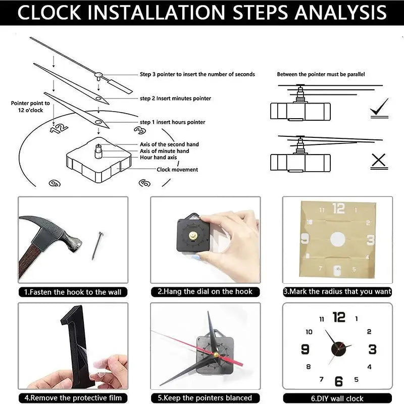 DIY wall clock sticker set with black dial, black hands, and mount piece