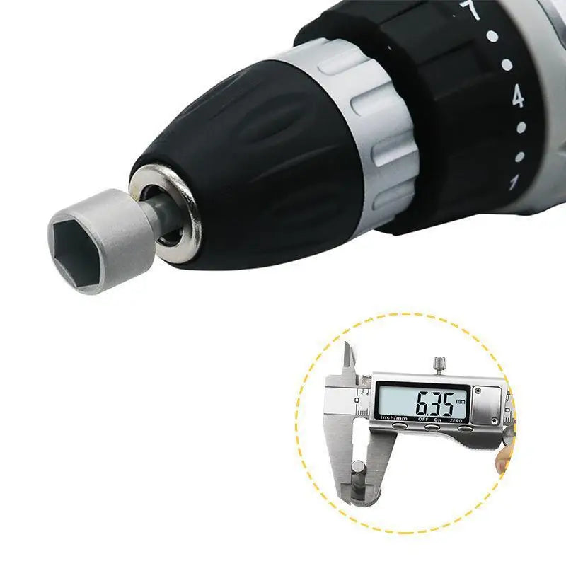 Black and gray nut driver handle with hex socket sleeve bit attached