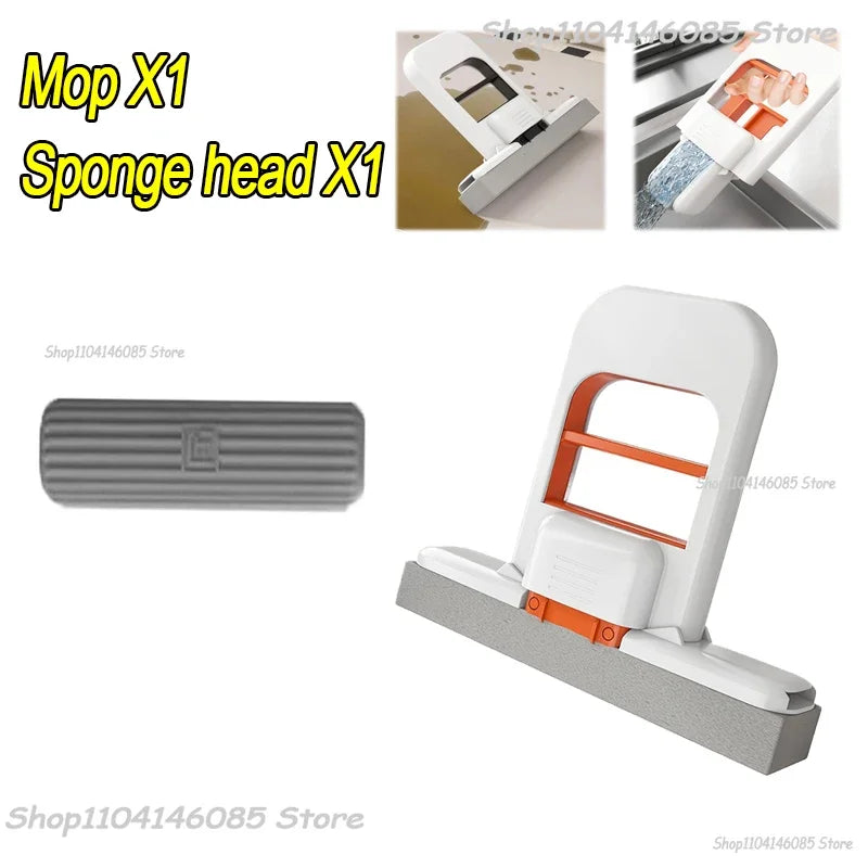 Foldable desktop sponge mop with orange handle and one gray replacement head