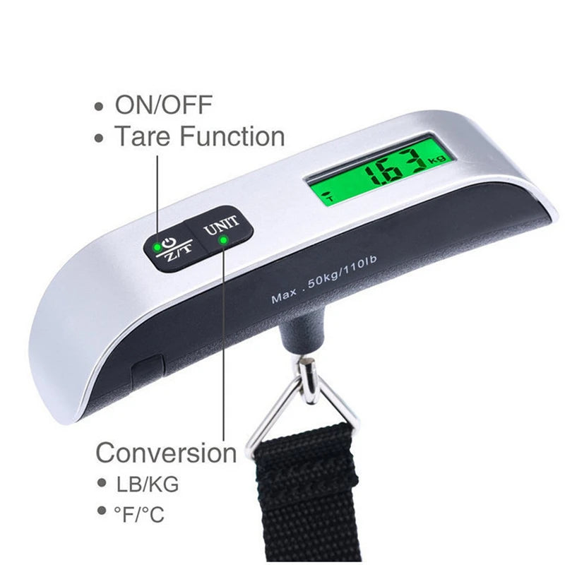 Digital luggage hanging scale with green LCD display and black webbing strap with hook