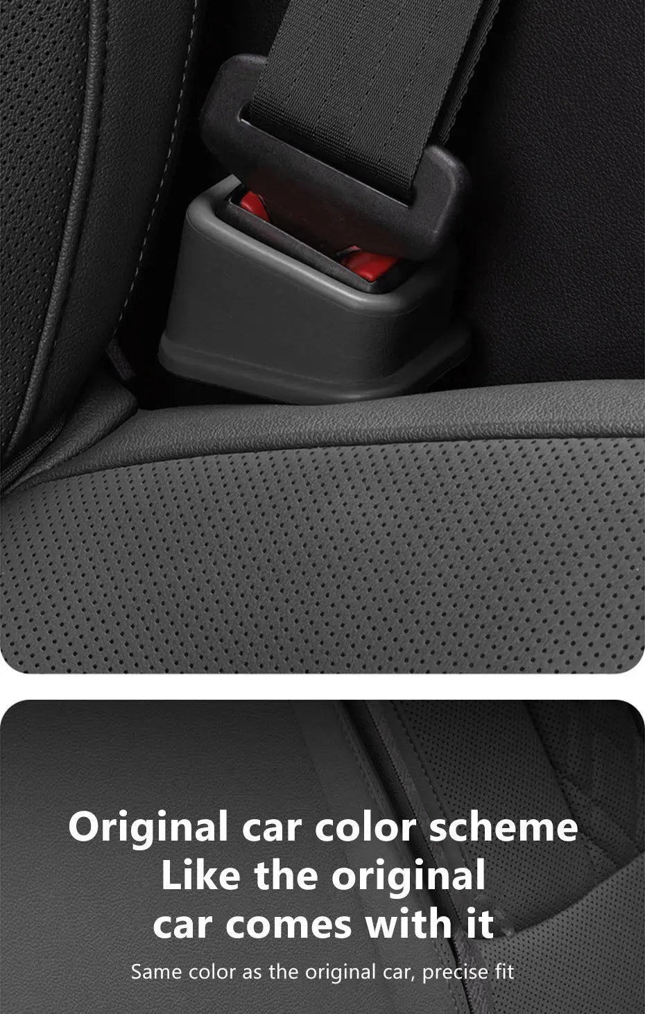 Two dark gray seat belt buckle covers installed on car seat, red latch windows visible