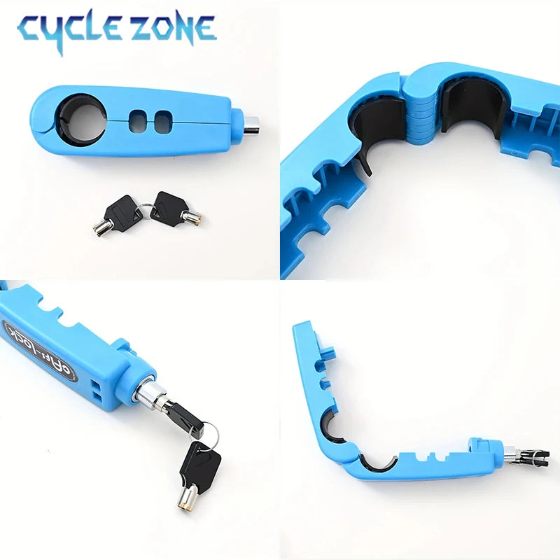 Blue anti-theft lock set with mounting bracket, keys, and small accessory parts