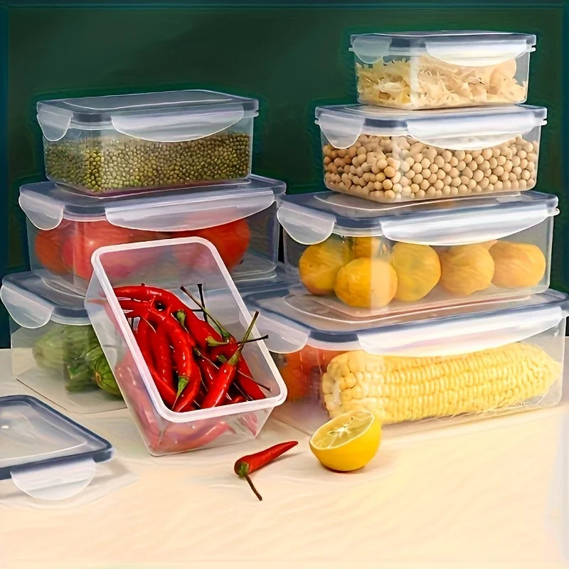 Stack of clear airtight containers with locking lids filled with fruit, vegetables, and grains.