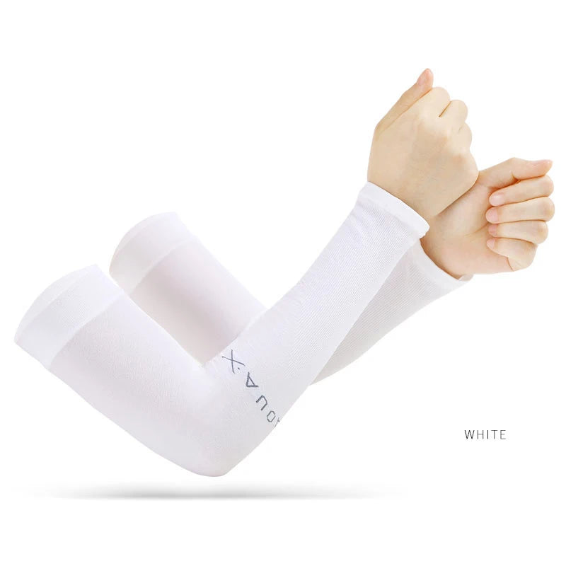 White UV arm sleeves with thumb opening and elastic cuff