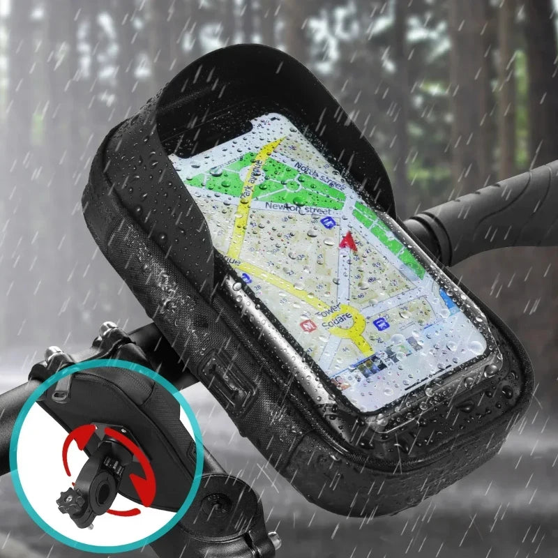 Waterproof black phone holder case with clear window and handlebar mount