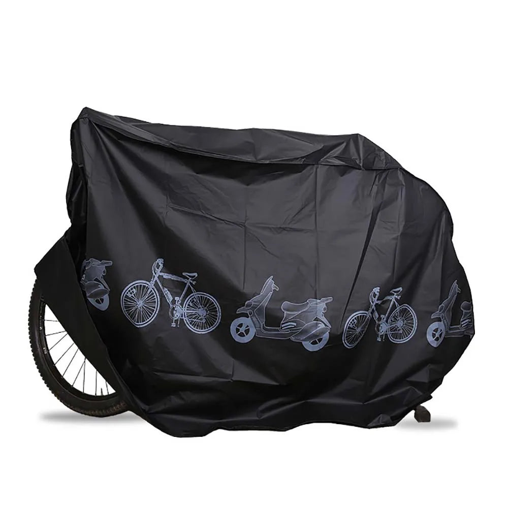 Black waterproof bicycle cover with bicycle pattern, covers wheels and frame