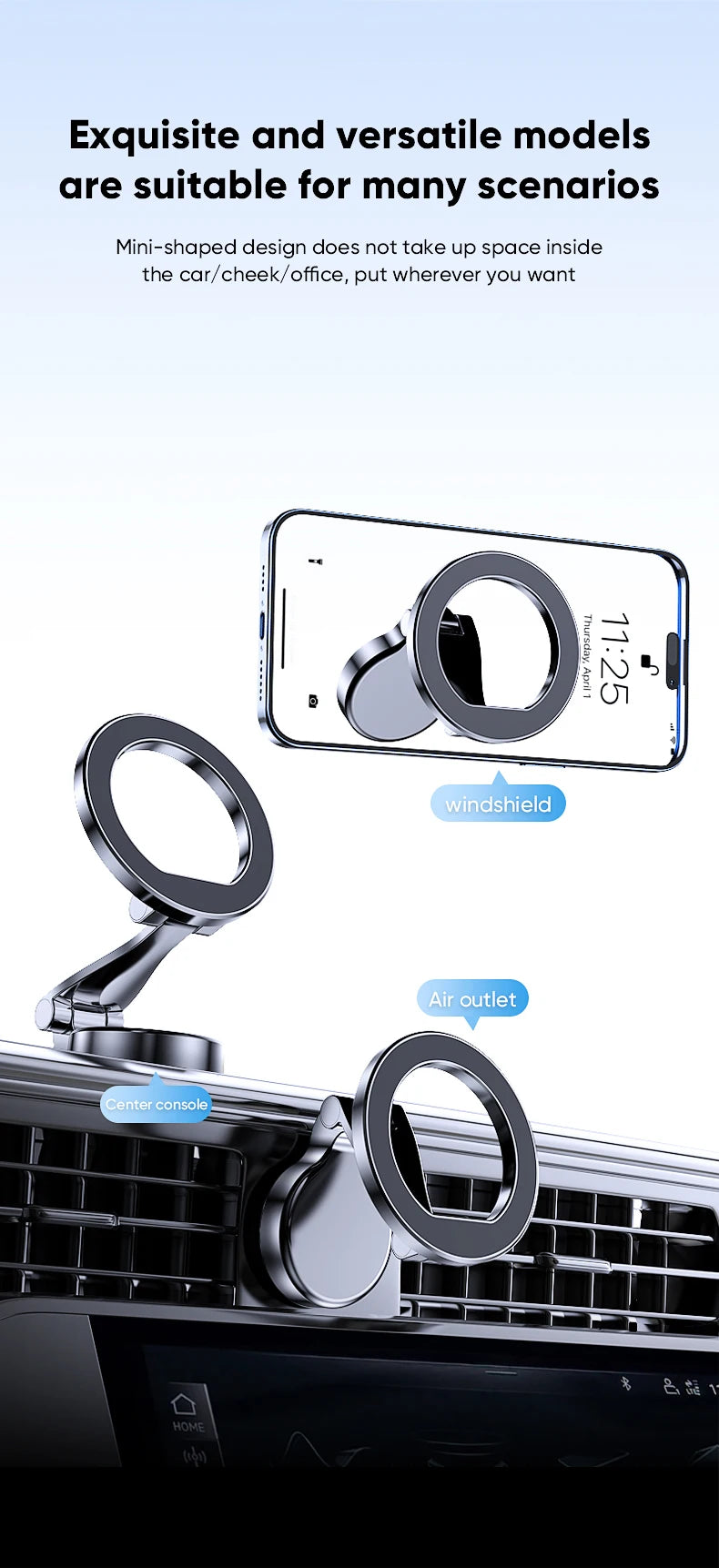 Compact magnetic car phone holder holding a phone with circular ring, black