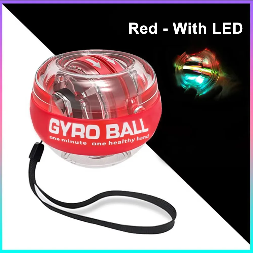 Red gyro wrist ball with LED light and wrist strap for grip strength and massage