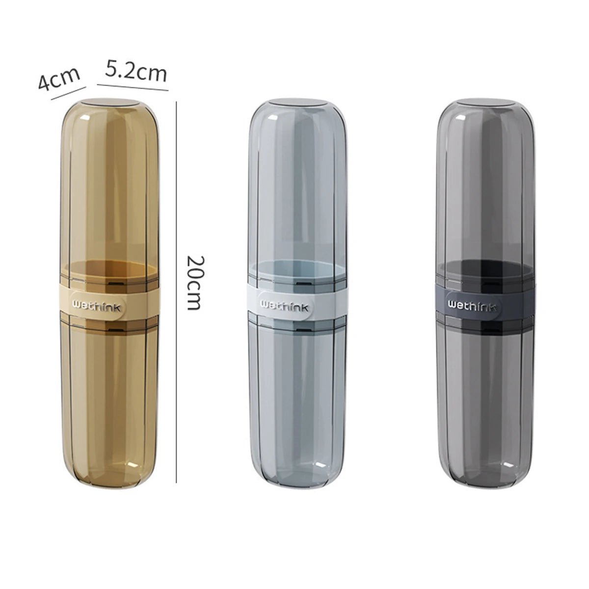 Travel toothbrush and toothpaste holder case, three translucent cylinders (20cm height shown)