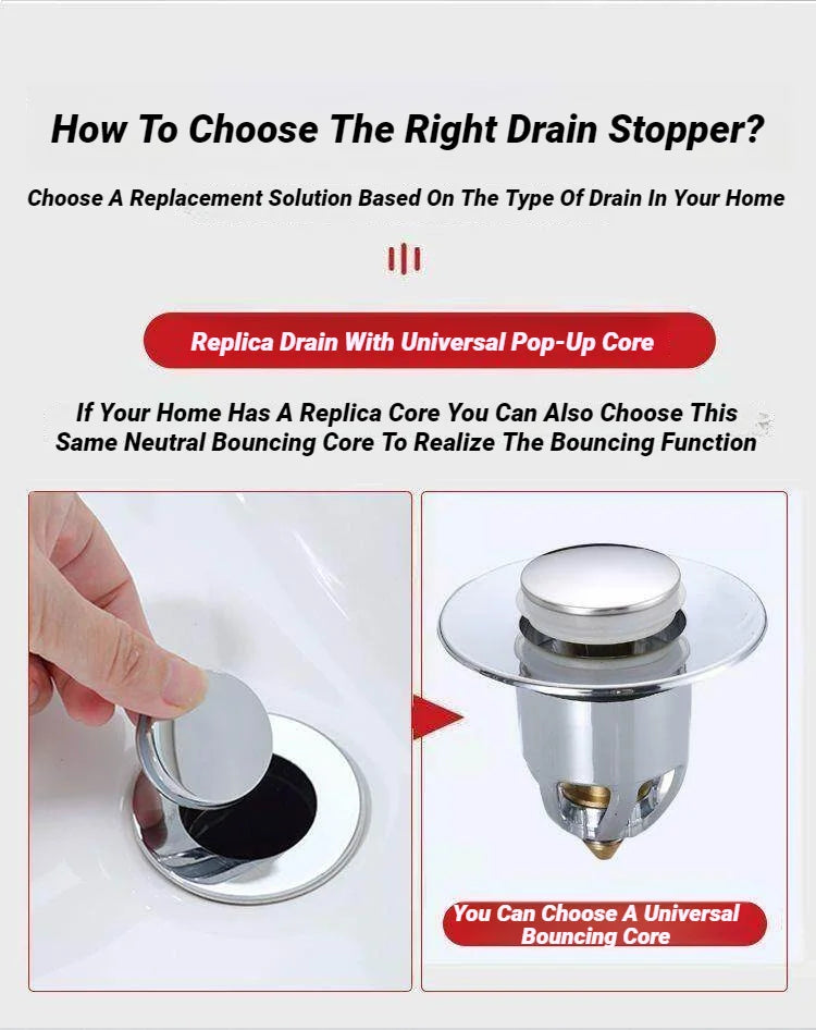 Chrome drain stopper with hand pushing cover and side view of pop-up core