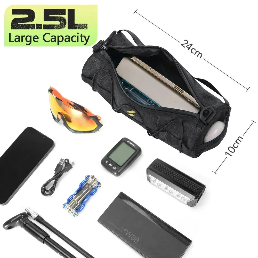 Black bicycle handlebar bag laid out with accessories and front zipper pouch