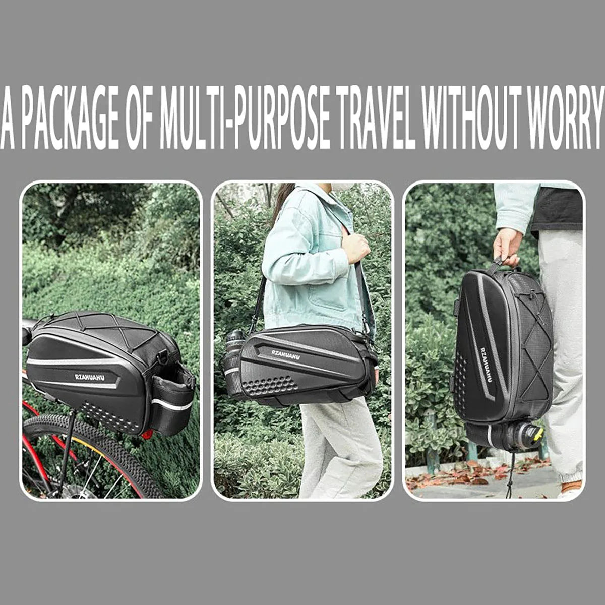 Black rear bicycle rack bag shown in multiple use views with side bottle pocket