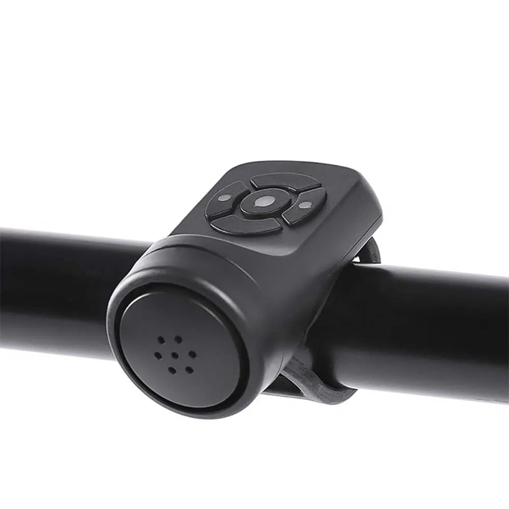 Black electric bicycle horn on handlebar with circular perforated speaker face