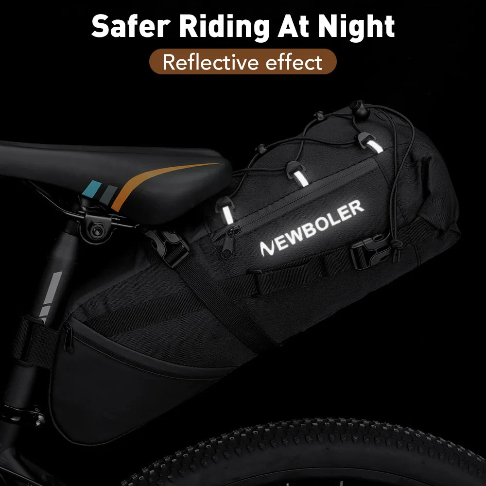 Black waterproof bike saddle bag with reflective strips for safer night riding