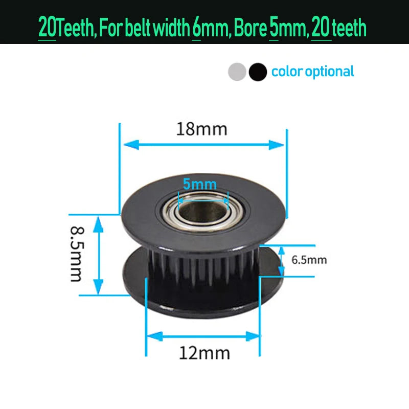 GT2 idler timing pulley, toothed wheel, 5mm bore, black bearing