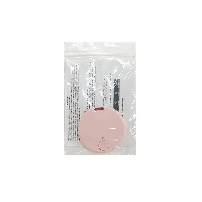 Blush pink Bluetooth anti-lost tracker key fob in clear plastic pouch