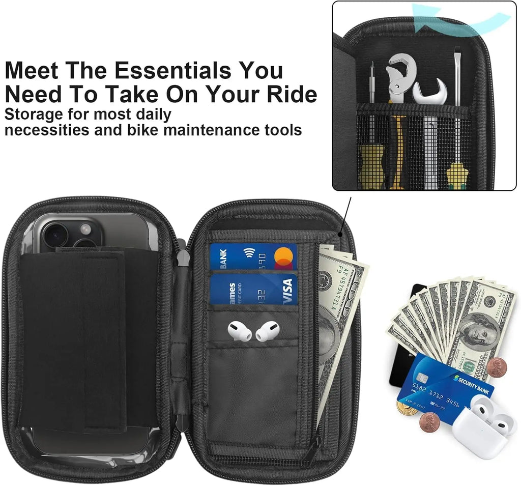 Black waterproof handlebar phone bag with storage for cards, cash, and tools