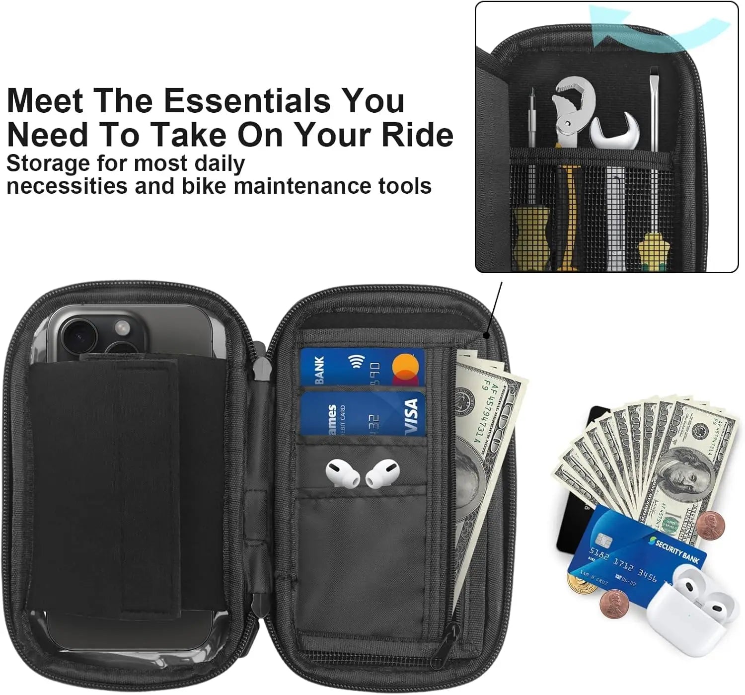 Black waterproof handlebar phone bag with storage for cards, cash, and tools