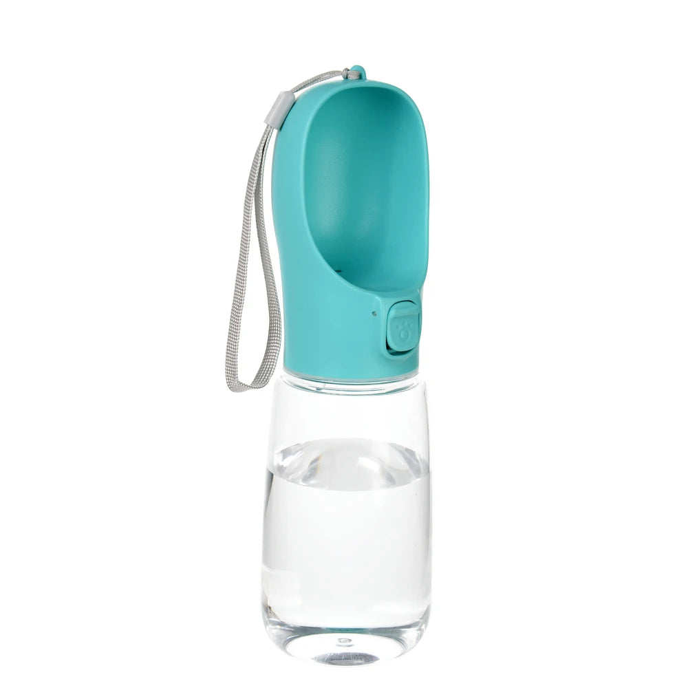 Teal portable pet water bottle with carry rope strap and raised cup drinking top