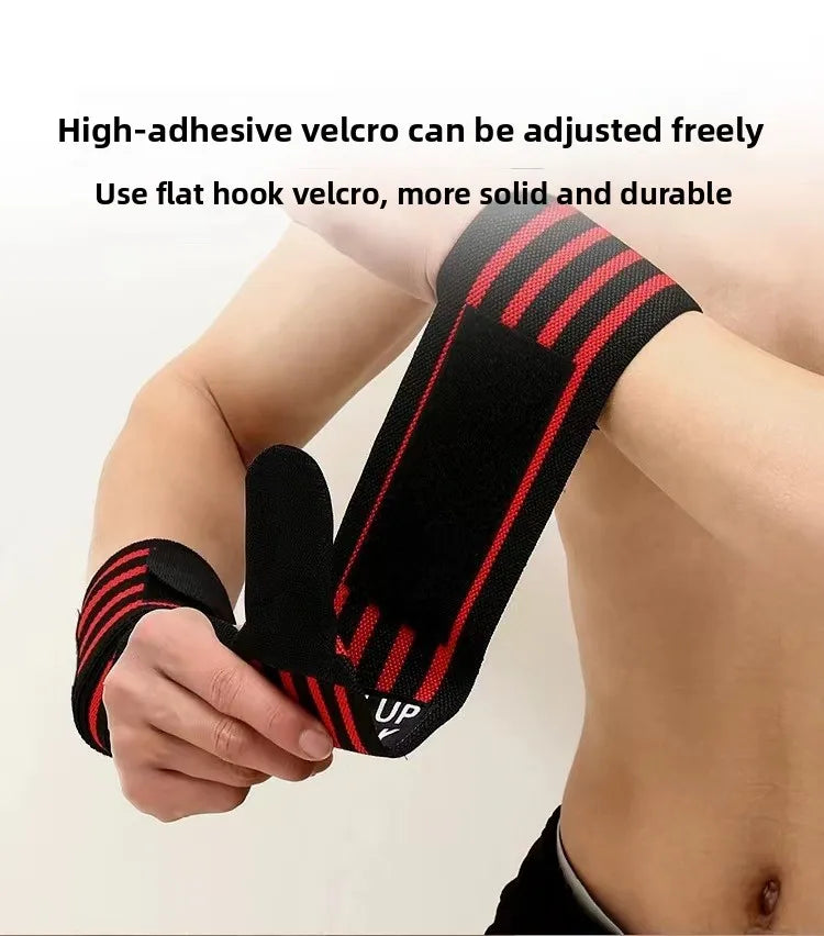 Black wrist wraps with red stripes and adjustable hook-and-loop closure